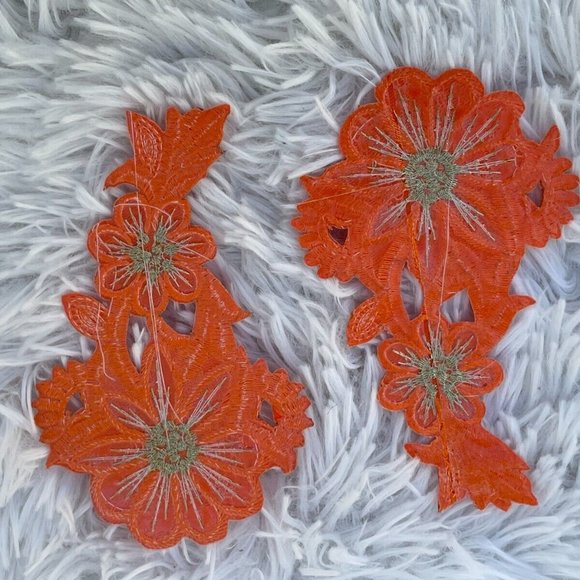 Orange Iron On Patches Orange Flower Embroidery Craft Clothes Accessory set of 2 - Picture 4 of 7